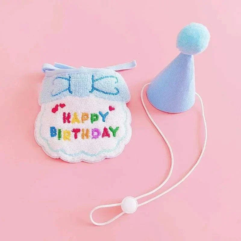 Blue puppy birthday hat and matching "Happy Birthday" bandana set for dogs and cats on pink background