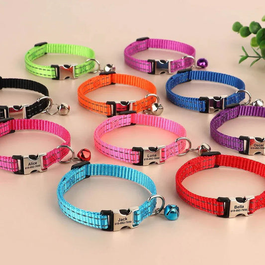 Colorful personalised reflective collars for small dogs and cats with engraved name tags and bells