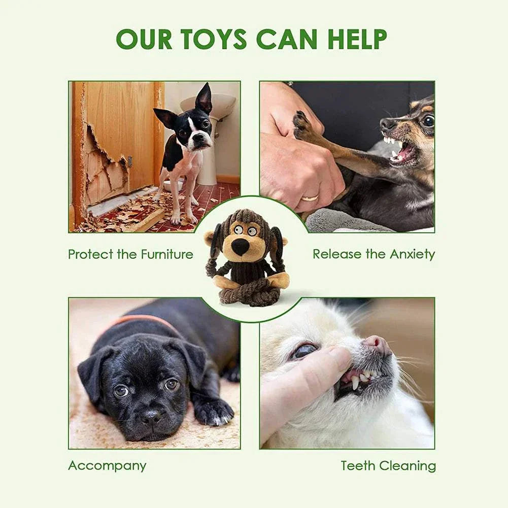 Squeaky Puppy Plush chew toy for teething small dogs, protects furniture, relieves anxiety, cleans teeth, and provides companionship