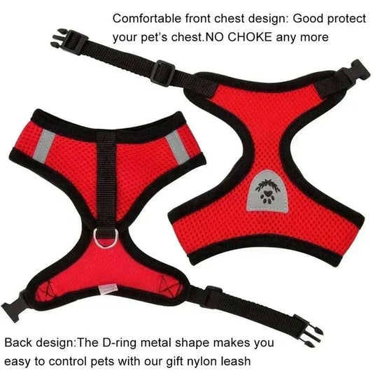 Adjustable cat harness and lead in breathable fabric with reflective safety features for small pets