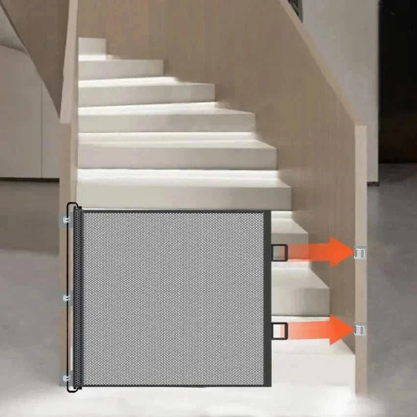 Automatic retractable pet isolation fence installed at staircase for indoor dogs and cats safety