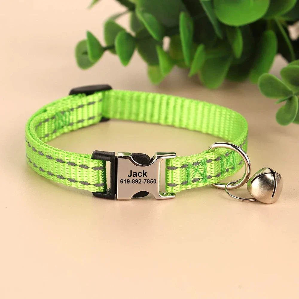 Personalised reflective green cat collar with bell and custom engraving for small dogs and cats