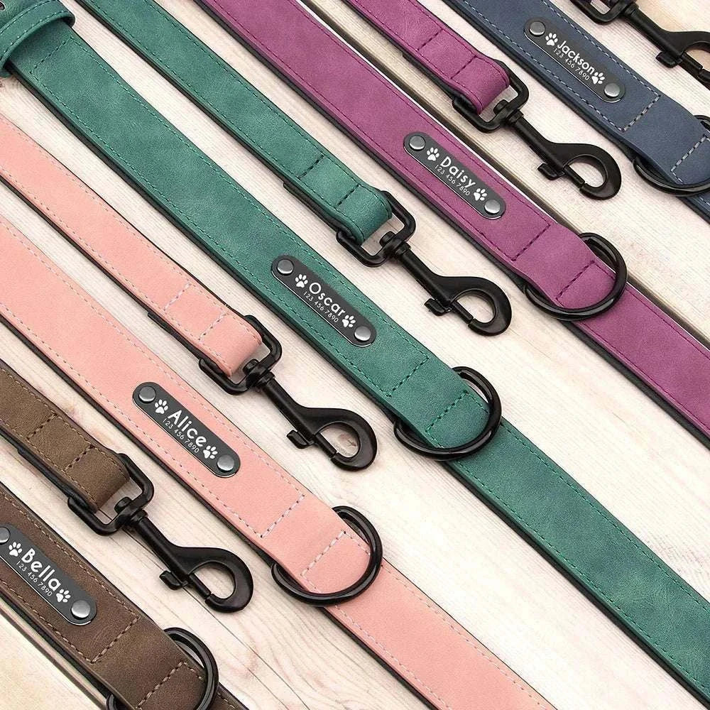 Customised leather dog collars and leashes in multiple colors with personalized name tags