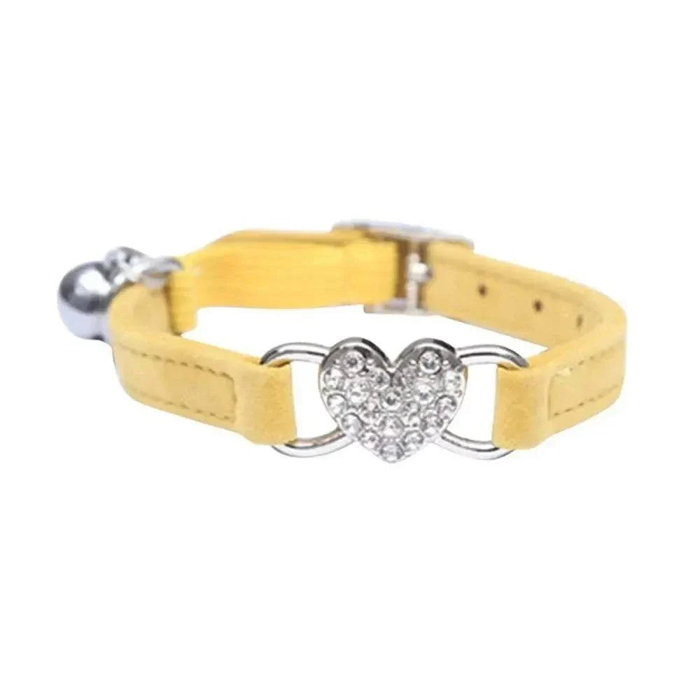 Pretty Kitty's adjustable yellow cat collar with safety bell and diamond heart charm