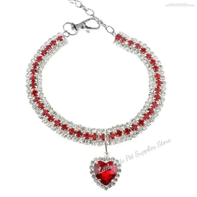 Pretty Kitty's heart pendant diamante collar necklace for cats in red with silver plating