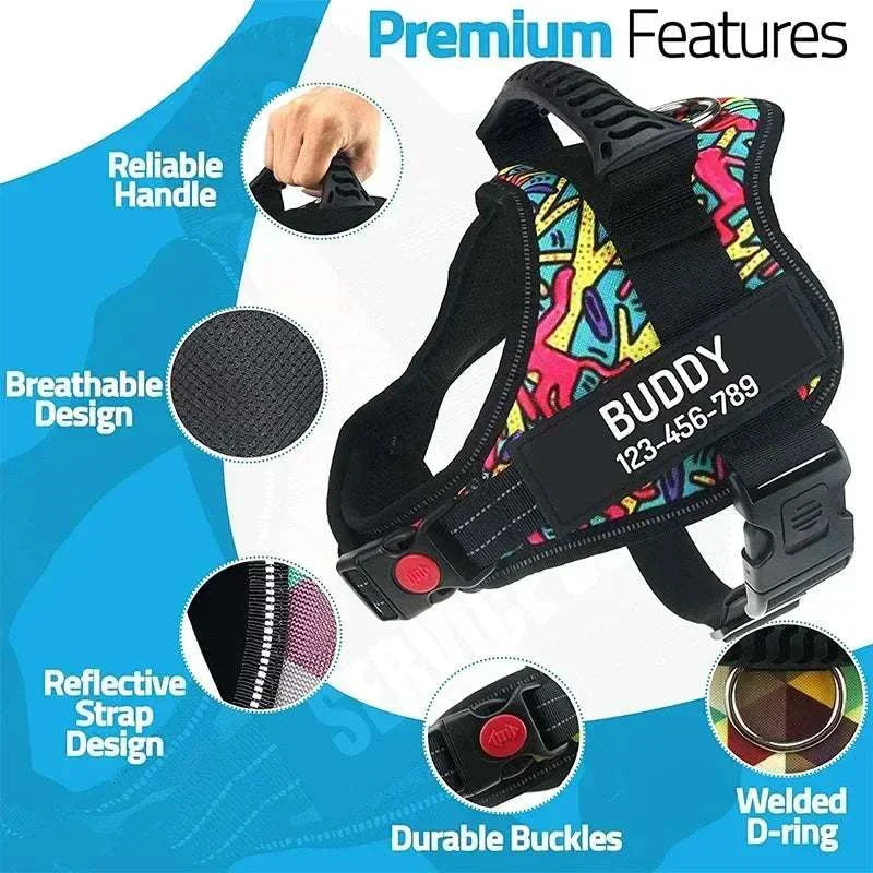 Personalised no-pull reflective dog harness with vibrant pattern, adjustable straps, breathable design, and durable buckles for safe, stylish walks.