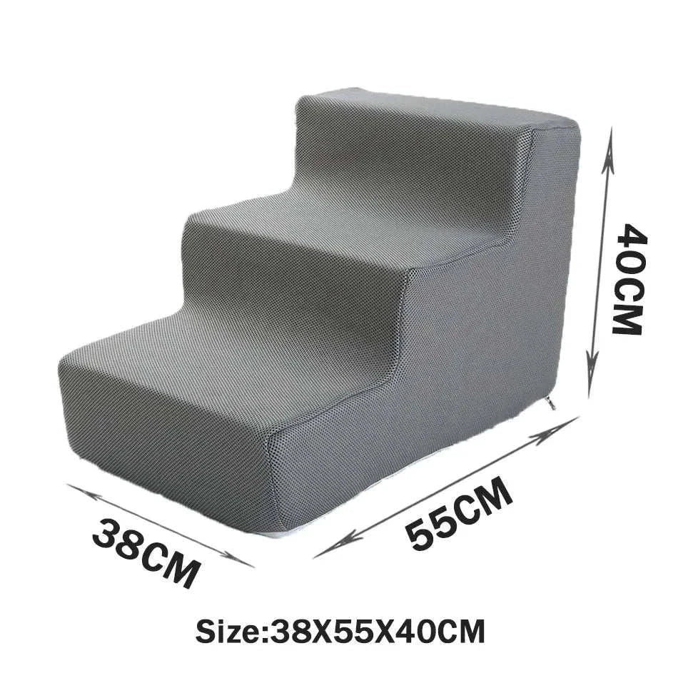 Gray three-step pet stairs with anti-slip washable cover for small dogs and cats, size 38x55x40cm