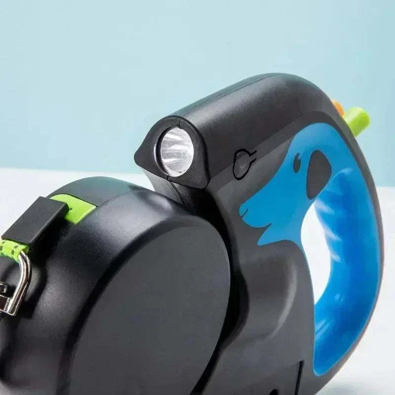 3m rotating retractable dog leash with flashlight and dual leads for two dogs under 25kg, featuring 360° anti-tangle system and ergonomic rubber handle