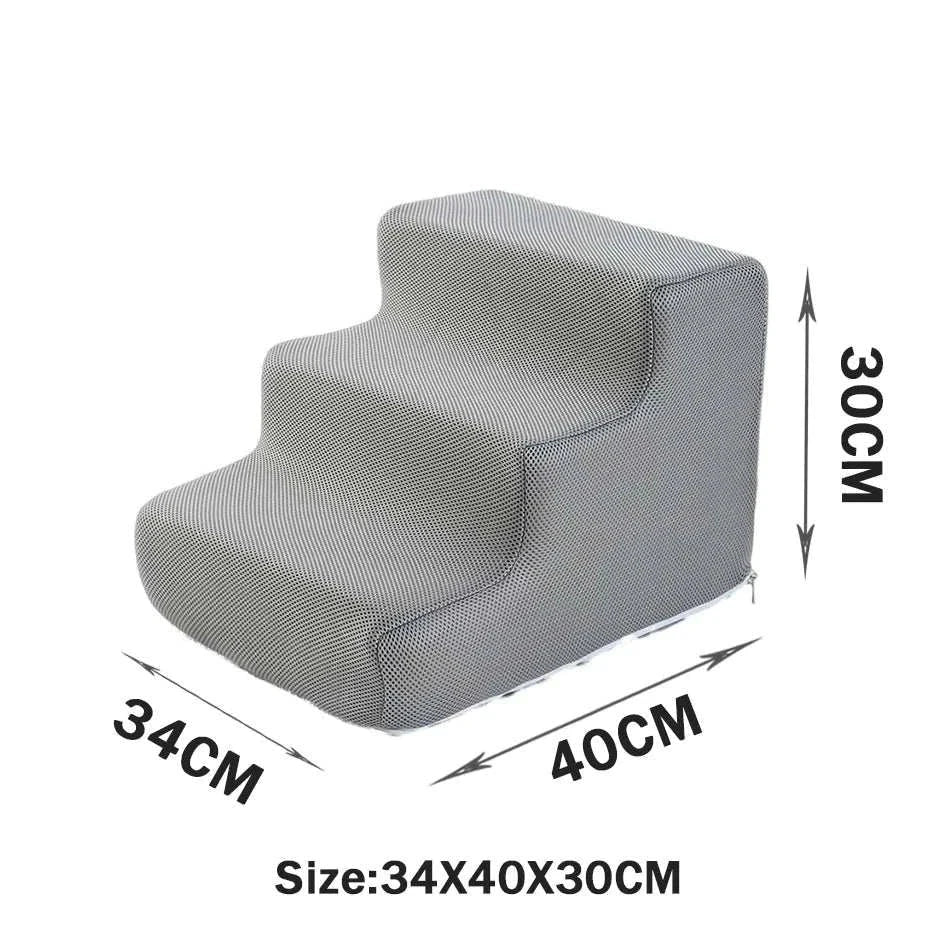 Gray pet stairs with anti-slip washable cover, 3-step ramp for small dogs and cats, size 34x40x30 cm