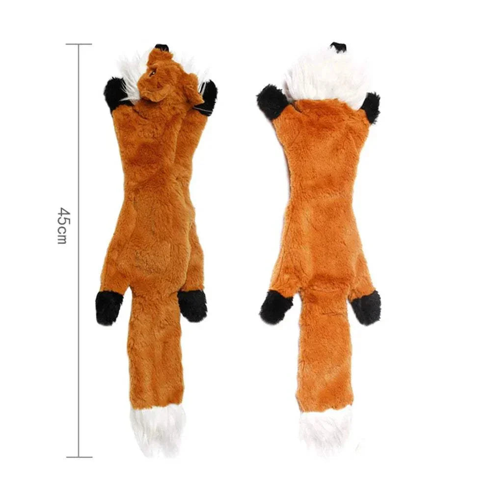 Plush squeaky stuffing less dog toy in fox design, 45cm long, durable and mess-free pet toy with squeakers and crinkle texture