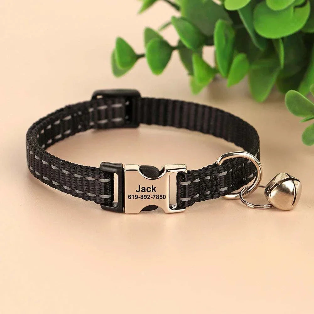 Personalised reflective black nylon pet collar with bell and custom engraving for small dogs and cats