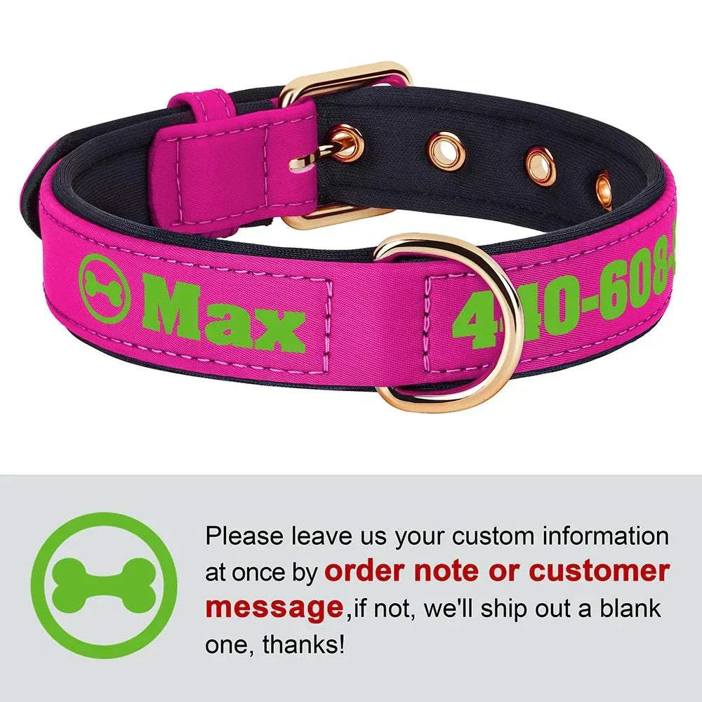Customised soft padded PU leather dog collar in pink with green name and phone number engraving for medium and large dogs