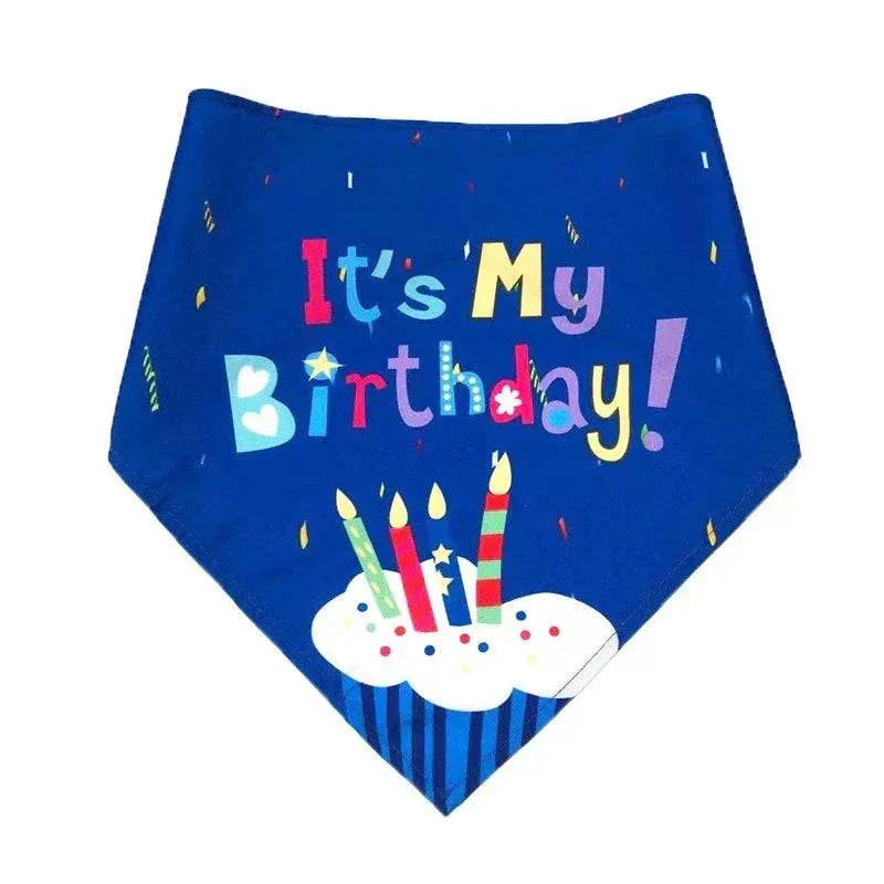 Blue pet birthday bandana with "It's My Birthday!" text and colorful candle design