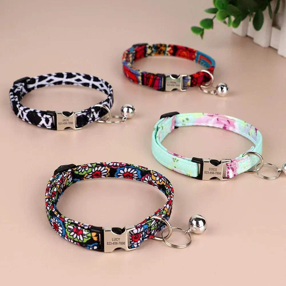 Personalised adjustable cat collars with custom nameplate and safety bell in colorful patterns for kittens and cats