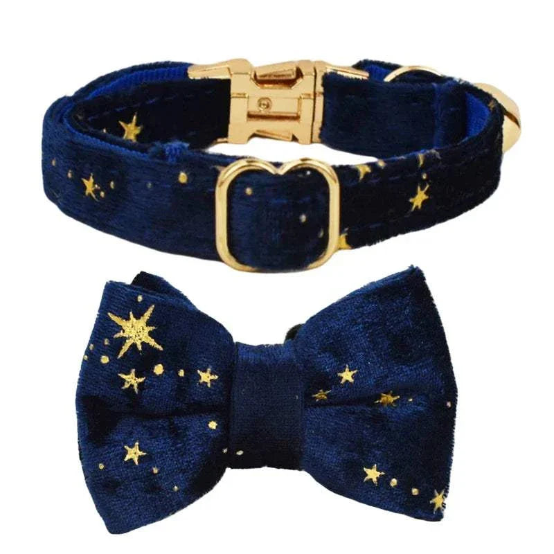 Personalised soft adjustable cat collar with gold star design and matching bowknot accessory
