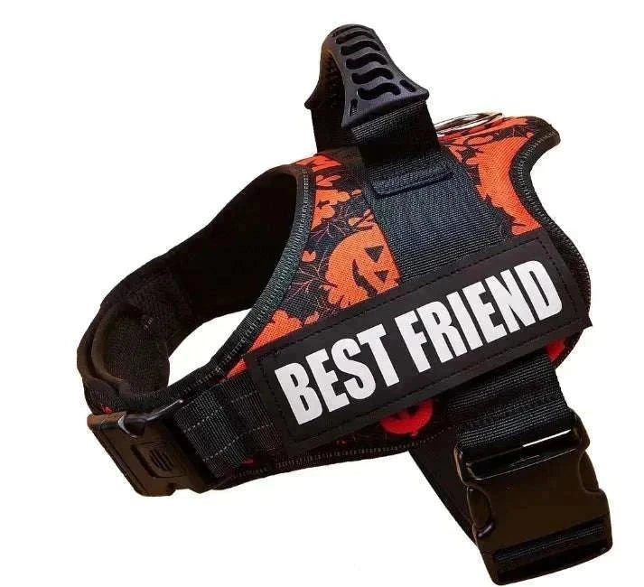 Personalised no-pull reflective dog harness with Halloween pattern and "Best Friend" patch