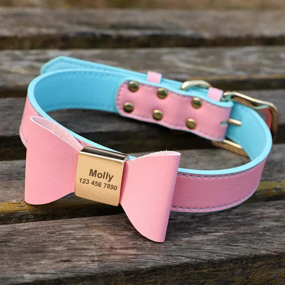 Personalised pink and blue dog collar with bowtie and engraved name tag for small dogs