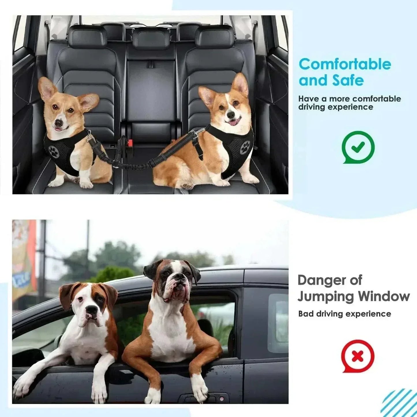 Double Dog Seatbelt with adjustable elastic bungee, reflective stitching, and Y-shaped design for secure pet travel.