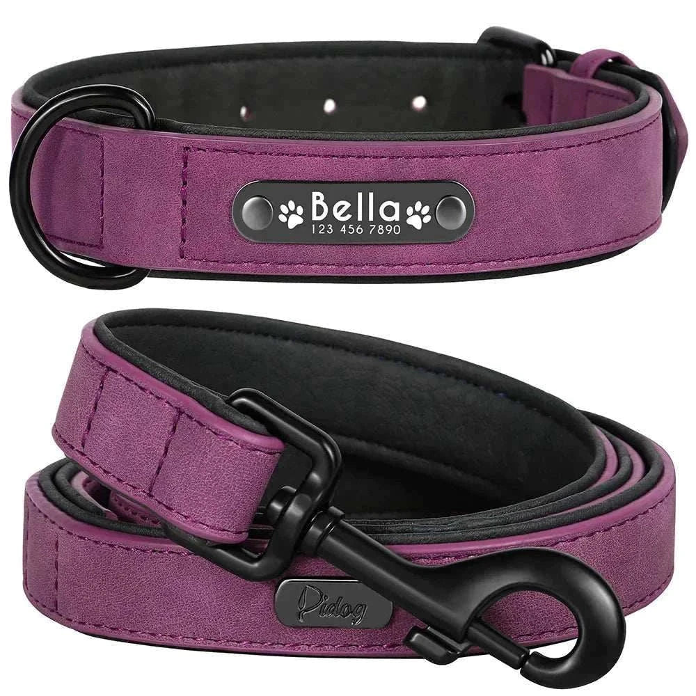 Customised purple leather dog collar and leash set with engraved name tag for stylish pets
