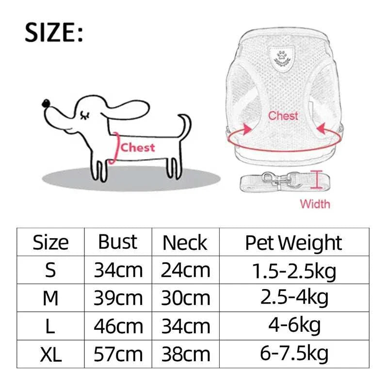 Adjustable soft breathable harness and leash set for cats and small dogs with reflective safety and multiple size options.