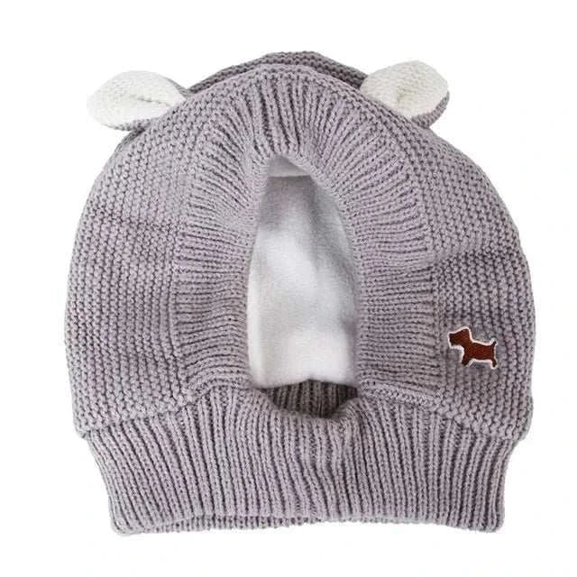 Gray knitted anxiety relief ear protection hat for dogs with ear holes and small ear accents
