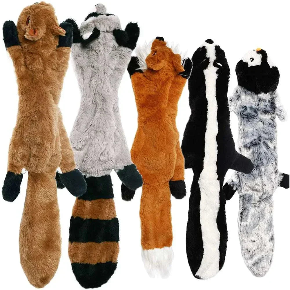 Plush squeaky stuffing-less dog toys in various animal designs for mess-free pet play
