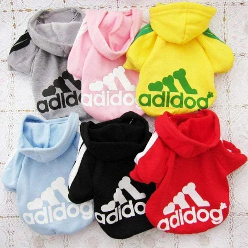 Colorful Adidog hoodies dog jumpers in various sizes for cozy pet wear