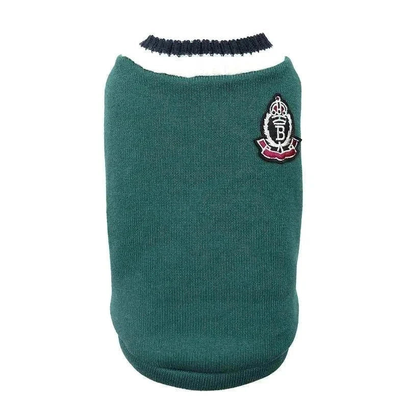 Green varsity sweater for cats and small dogs with athletic design and emblem patch