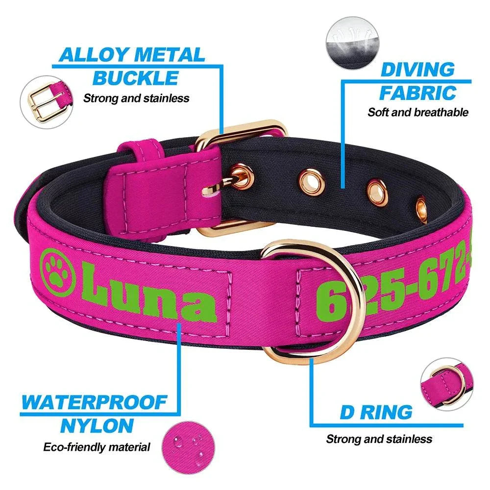 Personalised soft padded PU leather dog collar with alloy metal buckle, waterproof nylon, and custom engraving on vibrant pink fabric