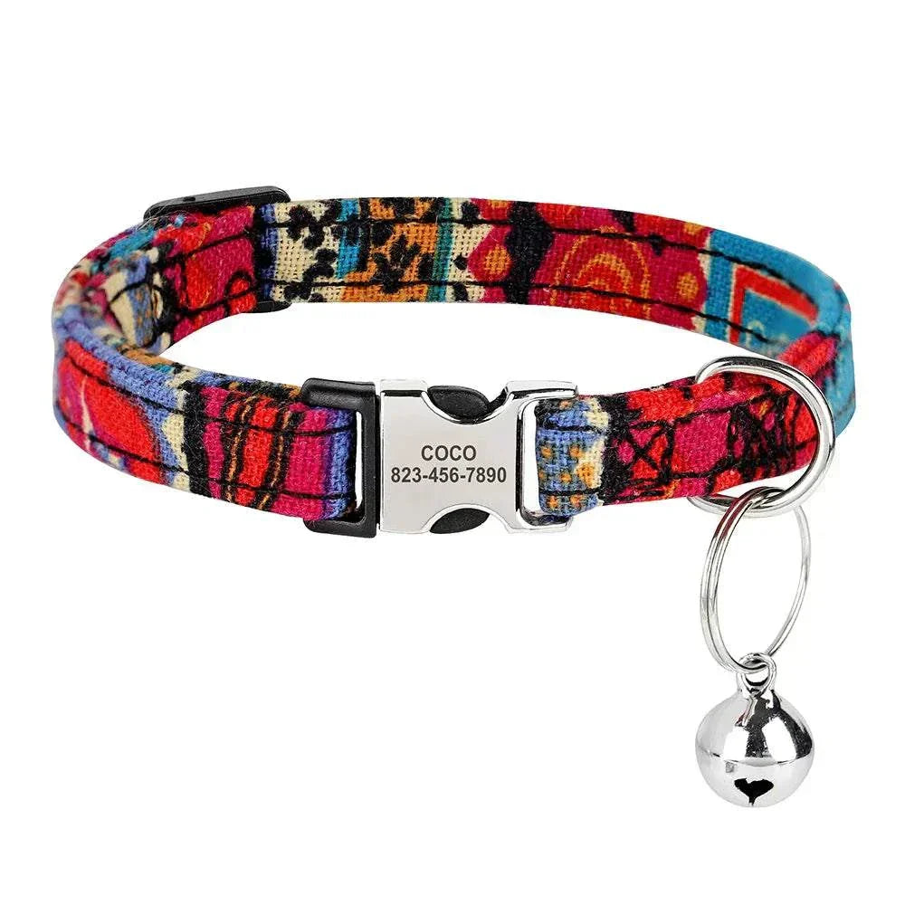 Personalised adjustable cat collar with custom nameplate and safety bell in vibrant pattern