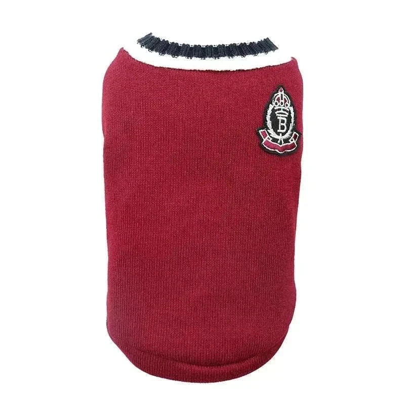 Maroon varsity sweater for cats and small dogs with collegiate emblem and soft fabric