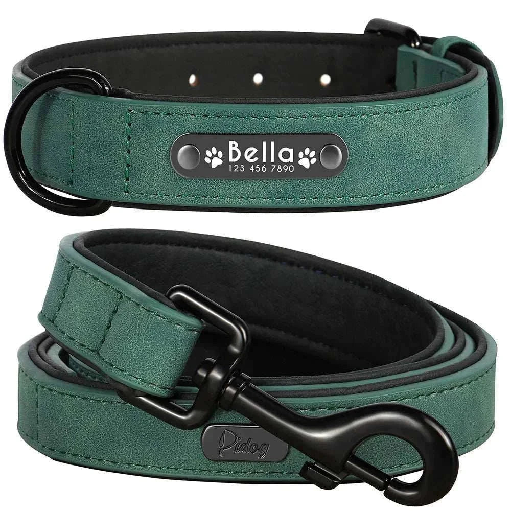 customised leather dog collar and leash set with personalised name tag in green and black hardware