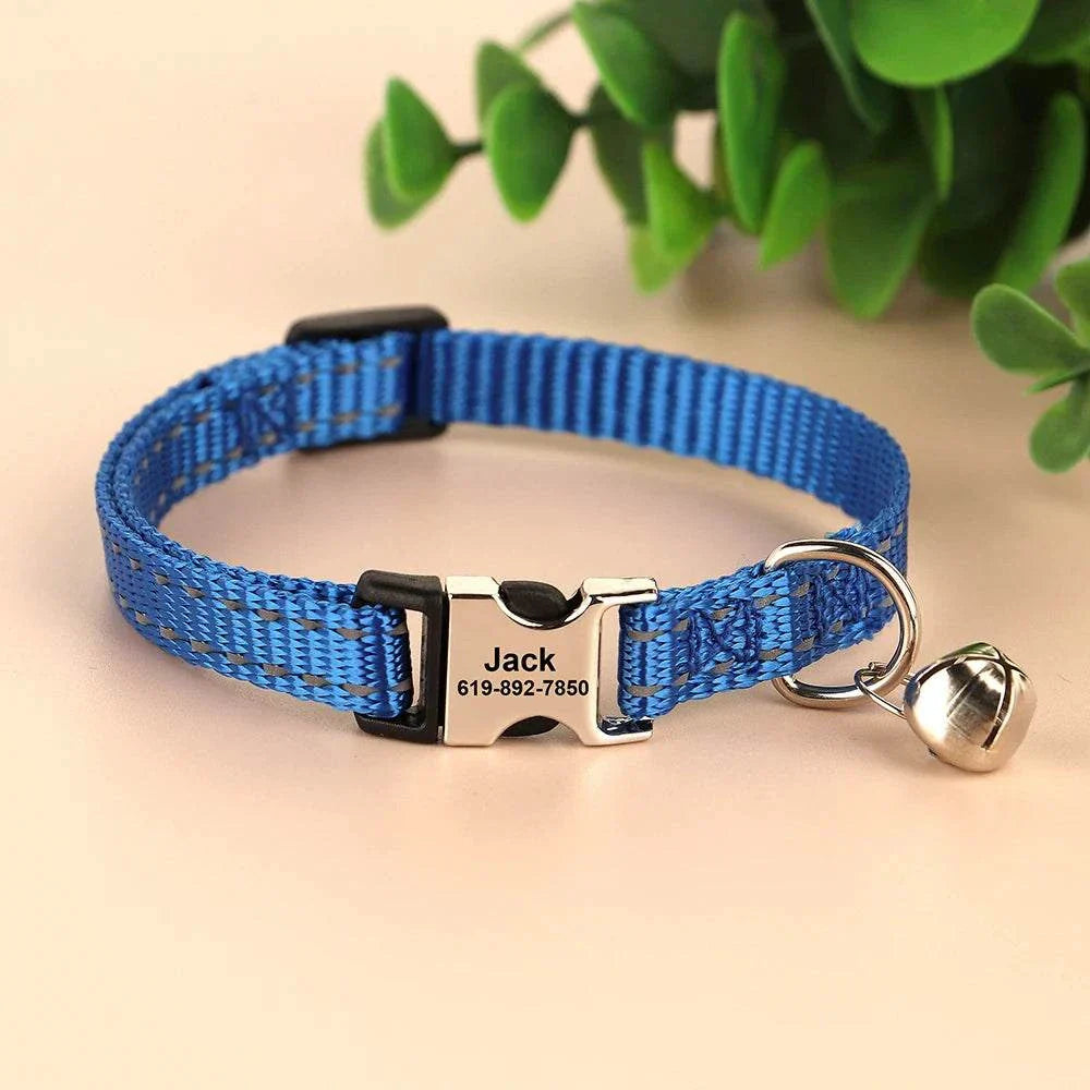 Personalised reflective blue cat collar with bell and custom engraving for small pets