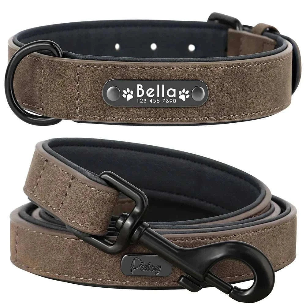 Customised leather dog collar and leash set with personalized name tag and phone number in brown premium leather