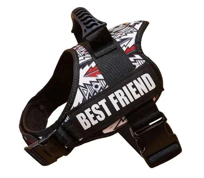 Personalised no-pull reflective dog harness with best friend label and stylish patterned design