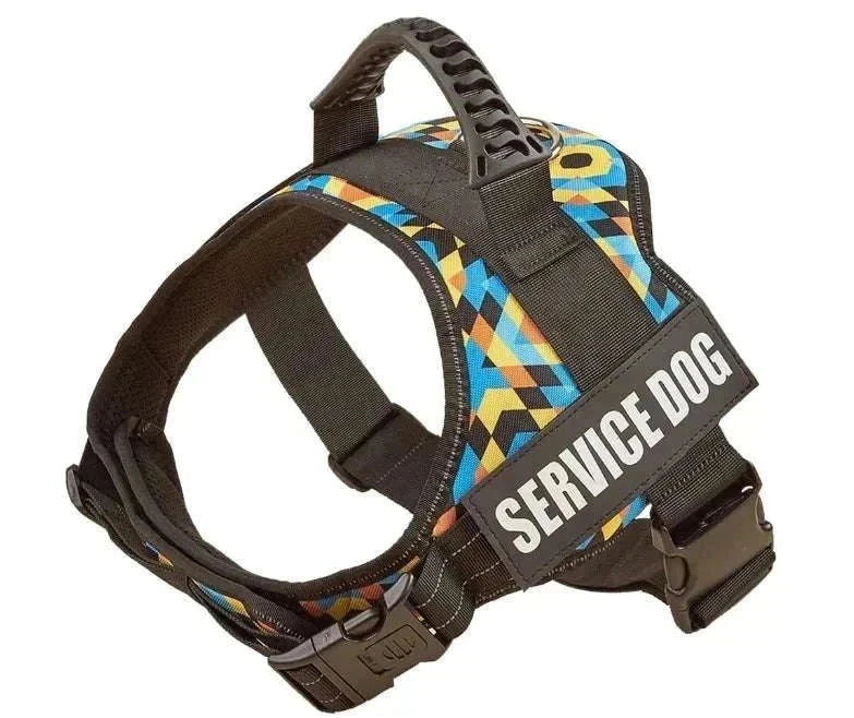 Personalised no-pull reflective dog harness with geometric pattern and handle for service dogs