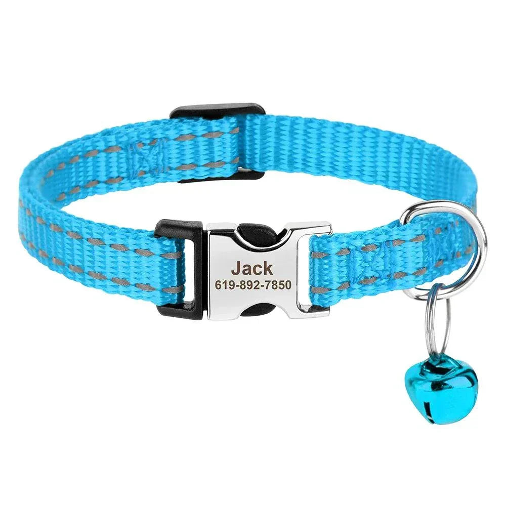 Personalised adjustable blue cat collar with engraved nameplate and safety bell