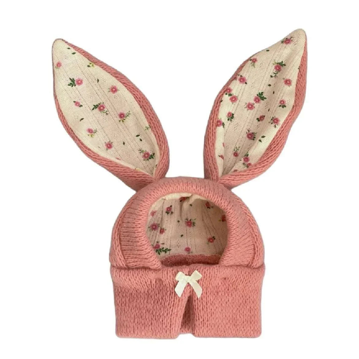 Cute knitted rabbit ears dog and cat hat with floral inner ears, soft and warm for cozy pet cosplay