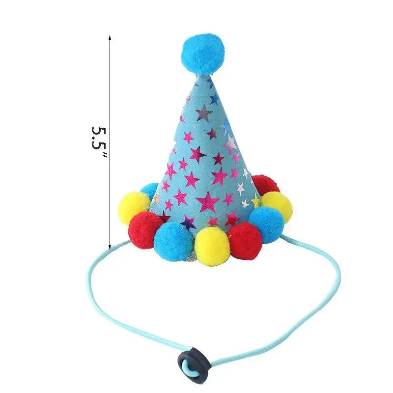 Colorful dog birthday party hat with pom-poms and adjustable strap, 5.5 inches tall, festive pet costume accessory