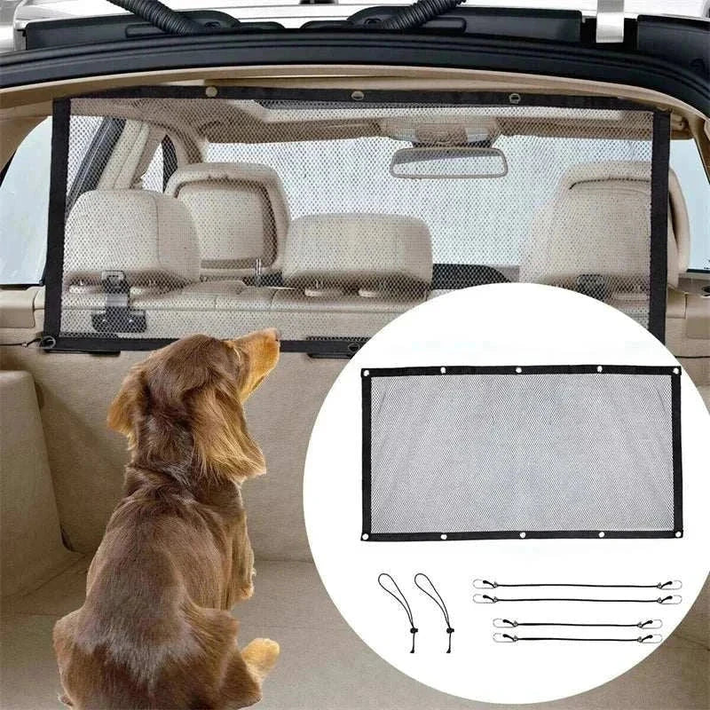 Durable pet back seat mesh barrier installed in car with brown dog sitting behind it
