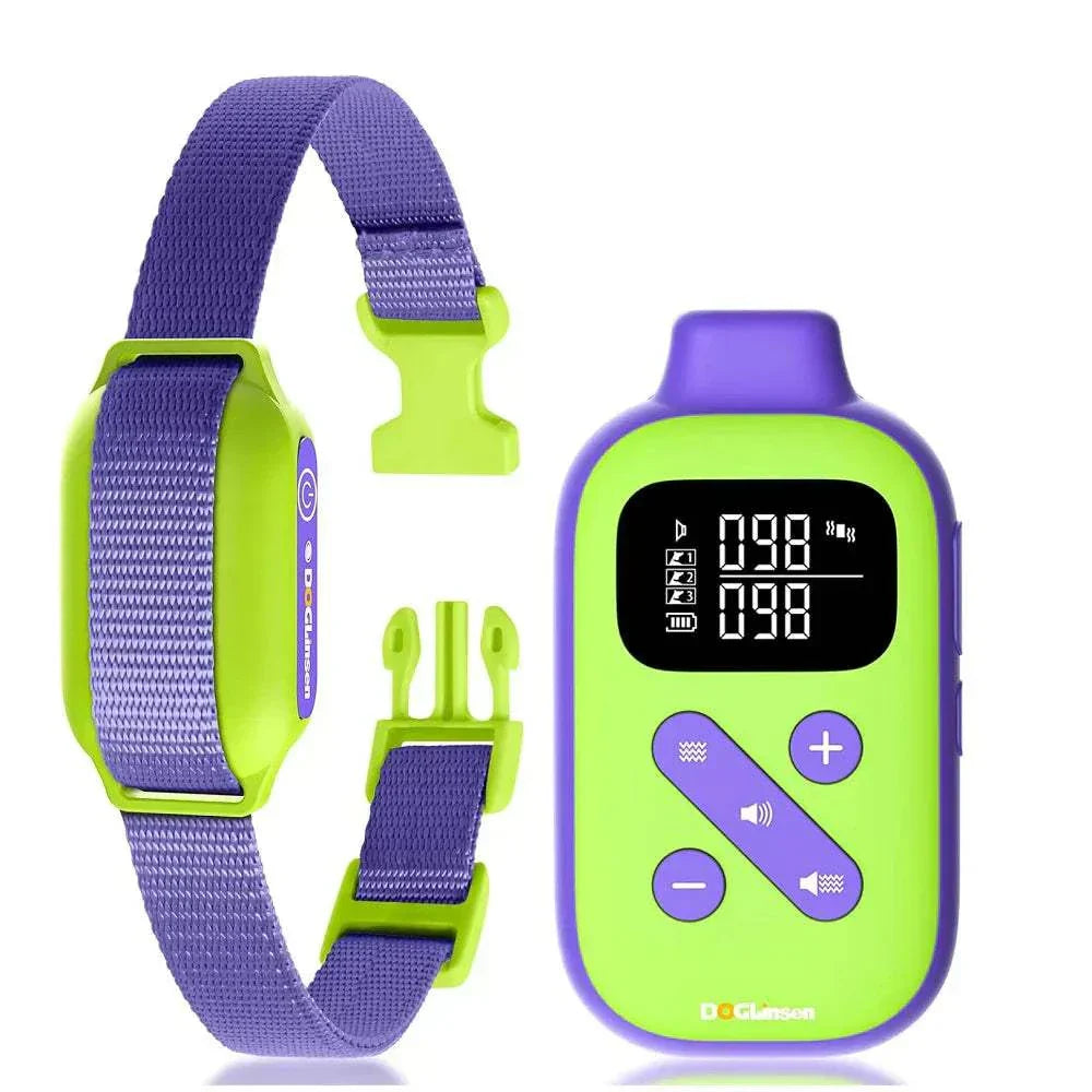 No Shock Dog Training Collar with beep and vibration remote, purple adjustable strap, waterproof, 2800ft range, and multiple training modes