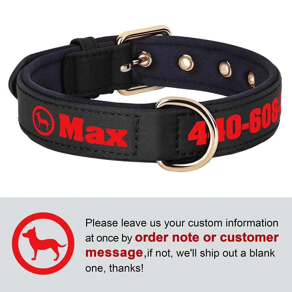 Soft padded PU leather custom dog collar with personalized name and phone number in black and red design