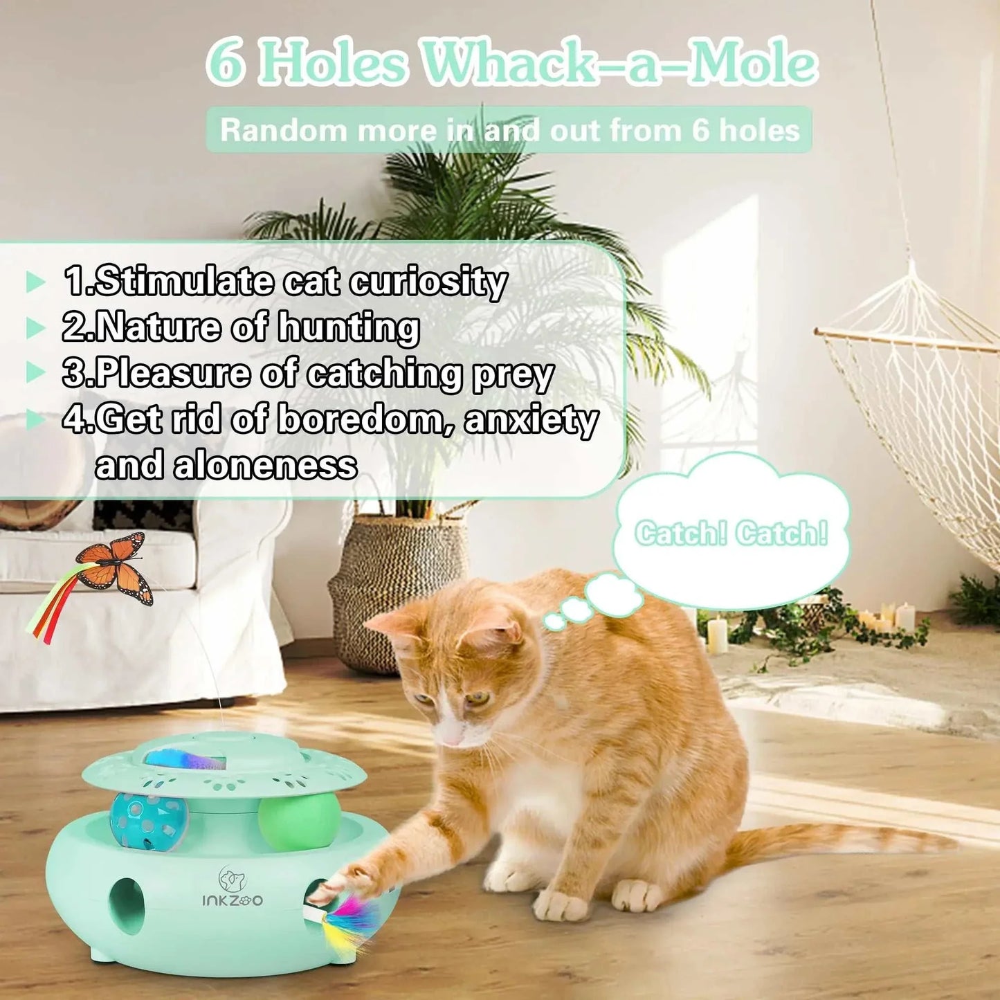 Interactive INKZOO 4-in-1 cat toy with whack-a-mole, butterfly, and track balls for fun and engagement.