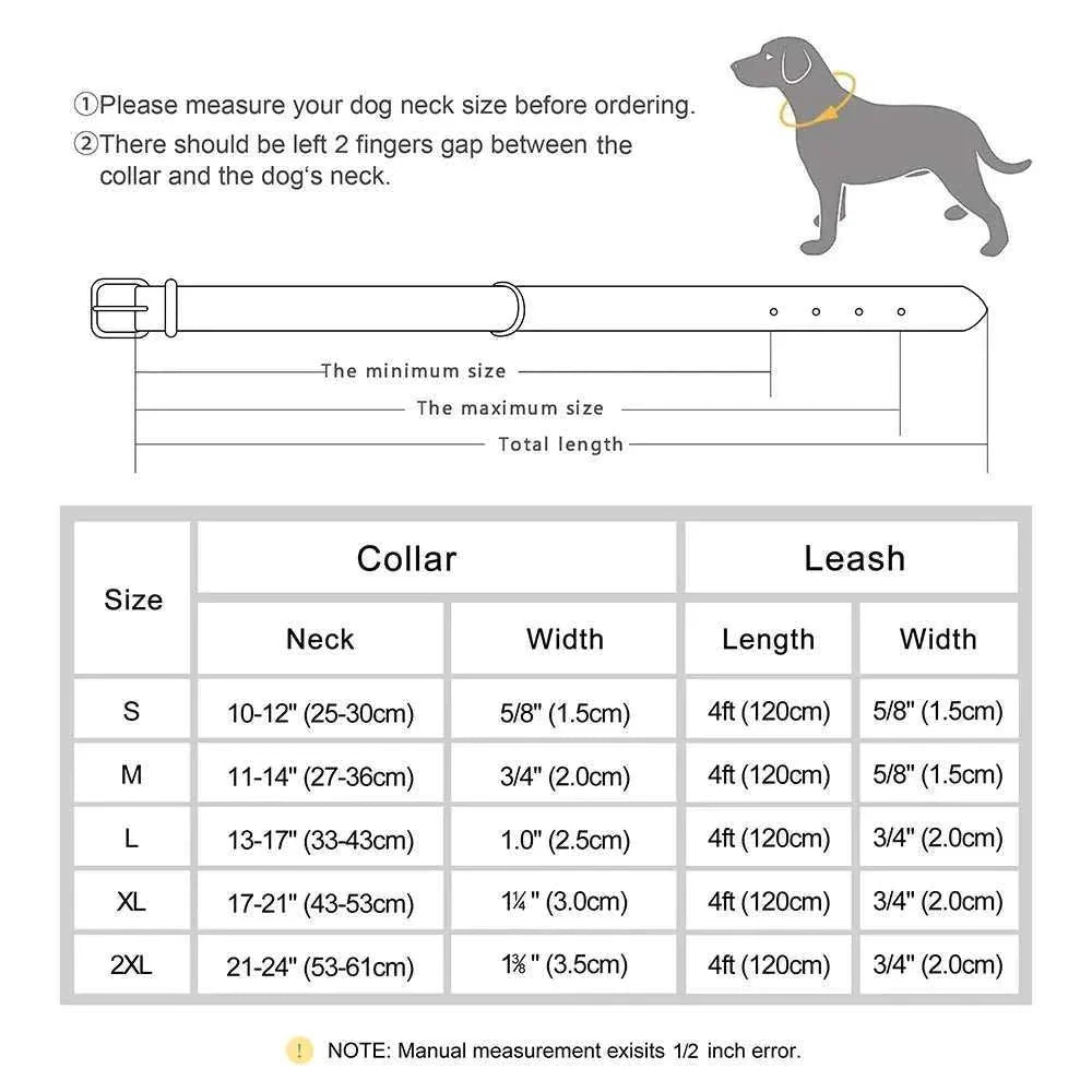 Customised leather dog collar and leash size guide with measurements for neck, collar width, and leash length and width.