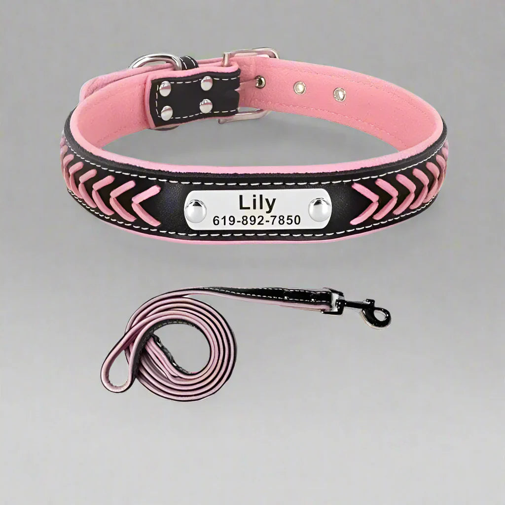Personalised braided leather dog collar with custom engraved name tag and matching pink leash