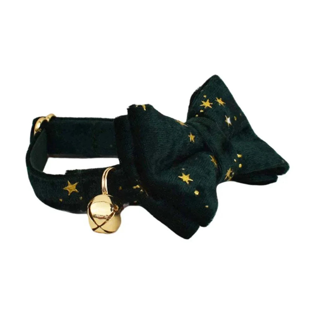 Personalised black cat collar with gold star bowknot, adjustable soft fabric and bell for safety