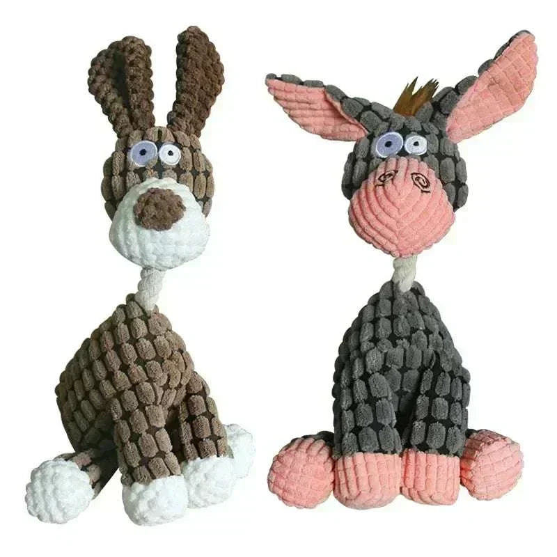 Corduroy dog chew toy with squeaker in donkey and dog shapes for puppies