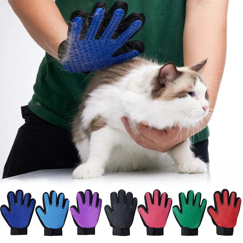 Pet grooming deshedding glove in use on a cat, with colorful glove options displayed below.