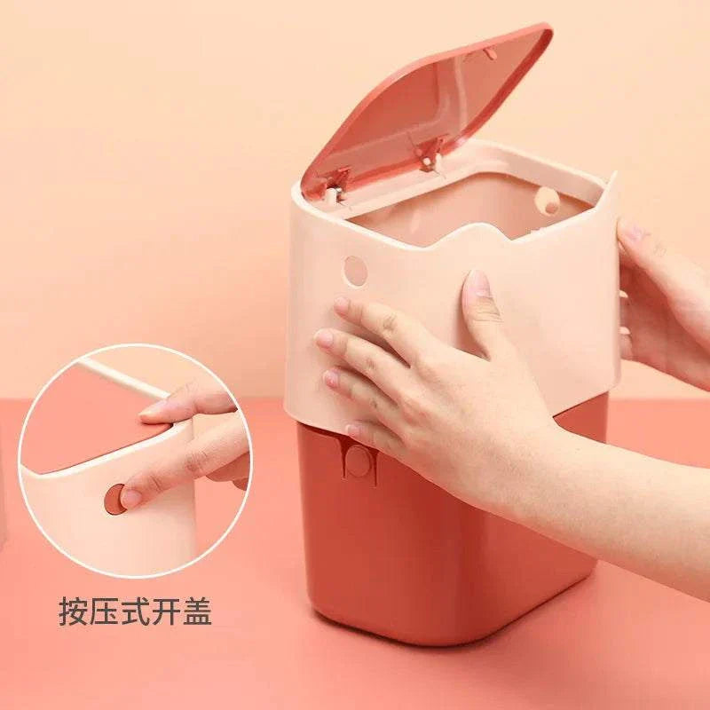 Cat litter box bin with double layer design and push-button lid for mess-free, odor-control cat bathroom solution