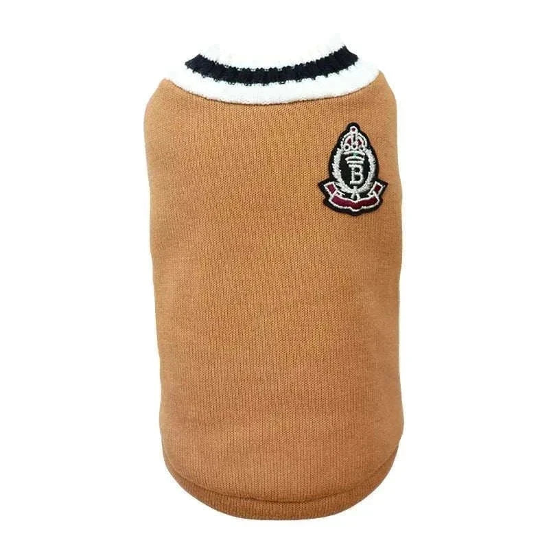 Brown varsity sweater for cats and small dogs with athletic patch and white-black collar trim